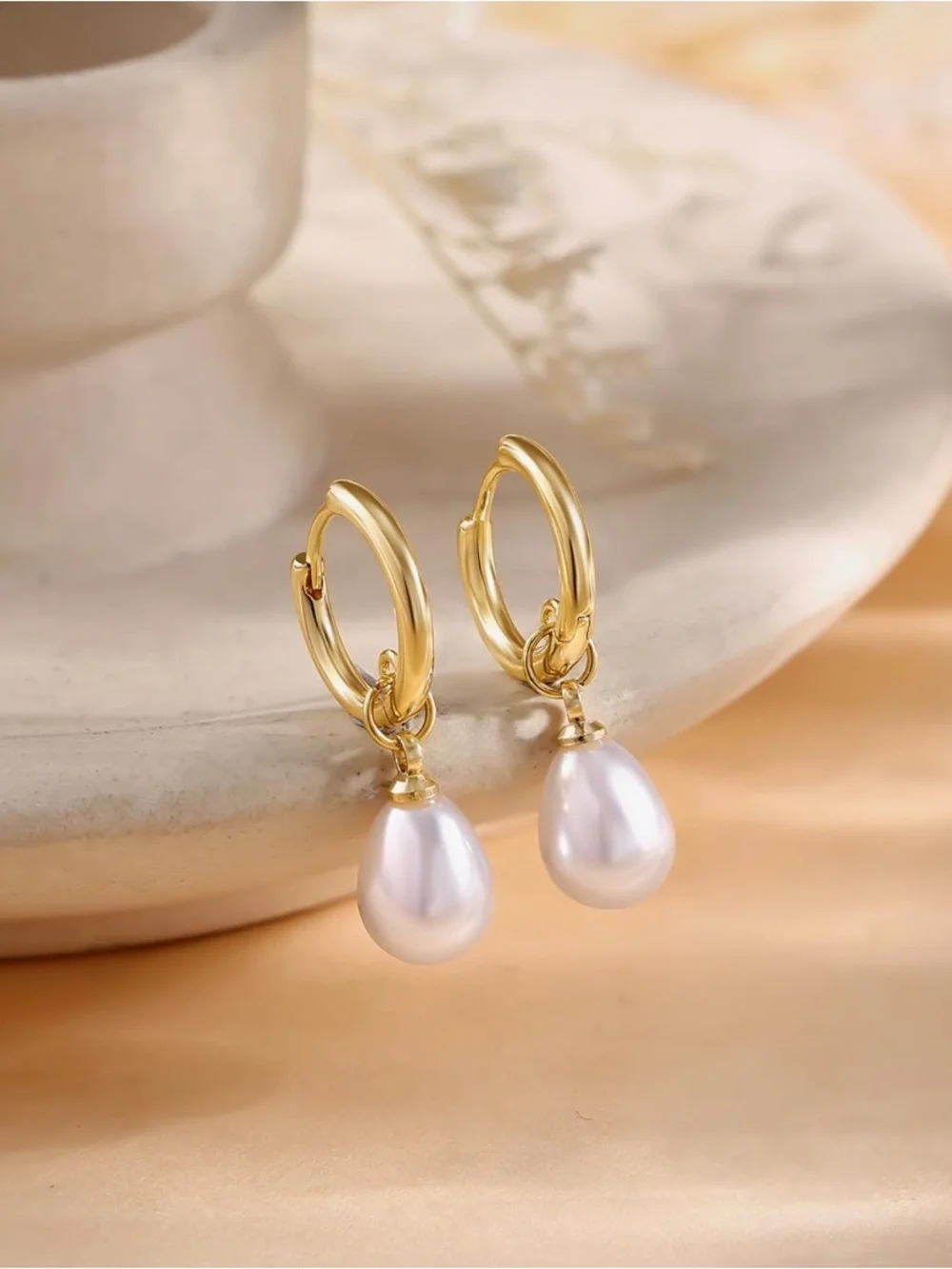 14K Gold Plated Pearl Drop Hoop Earrings